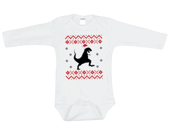 Baby's First Christmas Shirt, Ugly Sweater Dinosaur Christmas Bodysuit for Boys and Girls 205