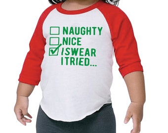 Kids Christmas Shirt, Naughty or Nice Christmas Raglan for Boys and Girls 100