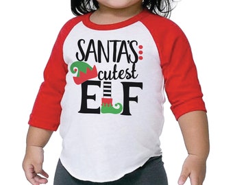 Matching Kids Christmas Shirts, Santa's Cutest Elf Christmas Raglan for Boys and Girls 201