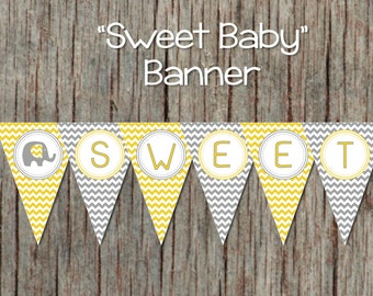 Yellow Grey Chevron Baby Shower Banner Elephant Printable Decorations diy INSTANT DOWNLOAD Sweet Baby Printable Party Baby Shower 031