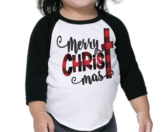 Kids Christmas Shirt, Cute Buffalo Plaid Merry Christmas Raglan for Boys and Girls 206