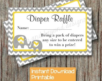 Yellow Grey Baby Shower Diaper Raffle Tickets Elephant Chevron Diaper Raffle Tickets INSTANT DOWNLOAD pdf Printable Party DIY Boy Girl 010