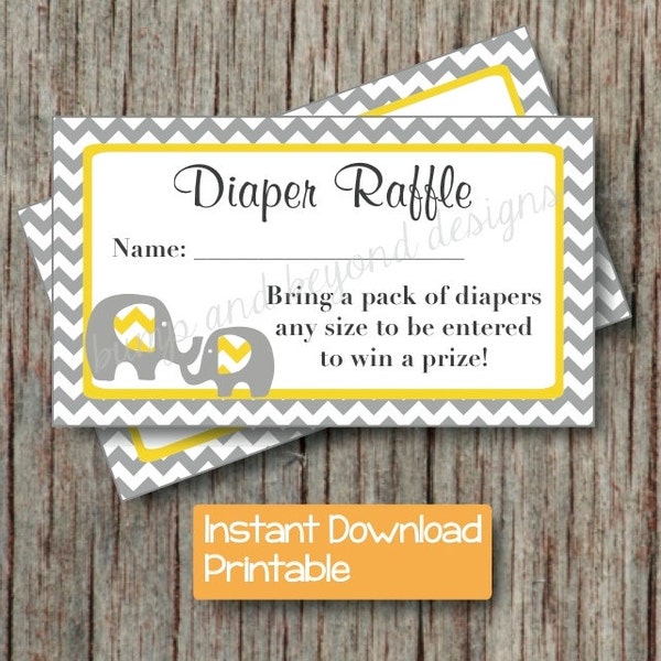 Yellow Grey Baby Shower Diaper Raffle Tickets Elephant Chevron Diaper Raffle Tickets INSTANT DOWNLOAD pdf Printable Party DIY Boy Girl 010