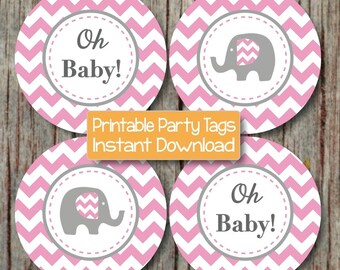 DIY Baby Shower Tags Cupcake Toppers Gum Pink Grey Chevron INSTANT DOWNLOAD Elephant Printable Decorations Cupcake Toppers Oh Baby! 172