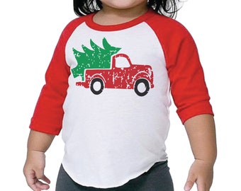 Kids Christmas Shirt, Vintage Truck Cute Christmas Raglan for Boys and Girls 202