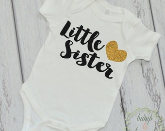 Little Sister Baby Announcement Shirt Girl Little Sister Announcement Shirt Big Sister Sibling Shirts Gold Glitter Heart 037