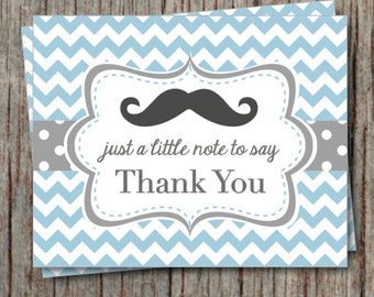 Mustache Birthday Thank You Cards Little Man Baby Shower Powder Blue Chevron Printable File Instant Download - 005
