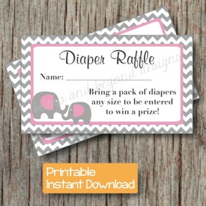 Diaper Raffle Tickets Baby Shower Gum Pink Grey Chevron Elephant Diaper Raffle Tickets pdf Printable Party DIY Girl INSTANT DOWNLOAD 009 image 1