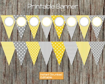 Yellow Grey Printable Editable Party Banner INSTANT DOWNLOAD Baby Shower Birthday Pennant Bunting Banner DIY pdf Party Decorations 001