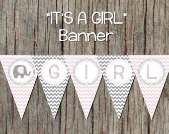 Elephant Baby Shower Banner INSTANT DOWNLOAD Powder Pink Grey Banner Its a Girl Printable DIY Digital Decorations 026