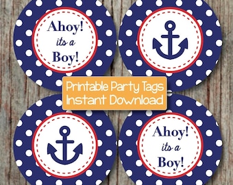 Navy Blue Red Nautical Baby Shower Decoration Anchor Ahoy its a Boy Digital Printable INSTANT DOWNLOAD 221