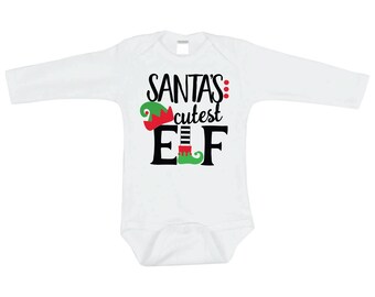 Baby's First Christmas Shirt, Santa's Cutest Elf Christmas Bodysuit for Boys and Girls 201