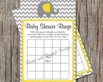 Yellow Grey Chevron Baby Shower Bingo Game Cards Instant Download Shower Game Printable Bingo Game Elephant diy Baby Shower Game PDF - 010