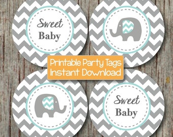 Baby Shower Elephant Printable Cupcake Toppers Party Favor Tags Stickers Light Teal Grey Chevron Sweet Baby INSTANT DOWNLOAD Supplies - 083