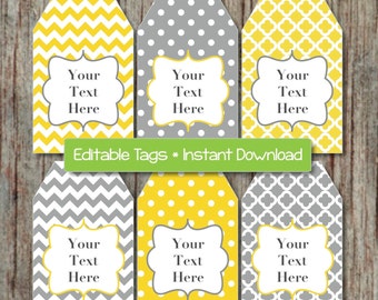 Gift Tags Printable Editable Tags Editable JPG File Yellow Grey INSTANT DOWNLOAD Printable Digital Collage Shower Supplies Decorations 001