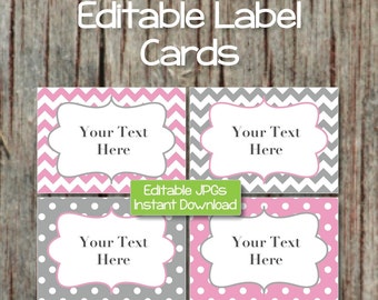 Name Tags Editable Label Cards Digital JPG File Printable Digital Collage Sheet Gum Pink Grey INSTANT DOWNLOAD Baby Shower Party 004