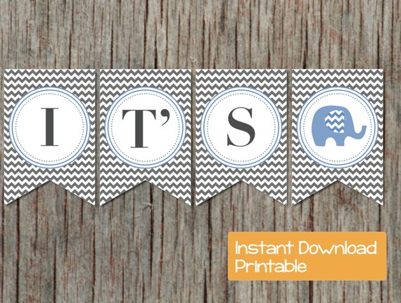 Download Items similar to Baby Shower Banner INSTANT DOWNLOAD Ocean Blue Grey Chevron Elephant DIY ...