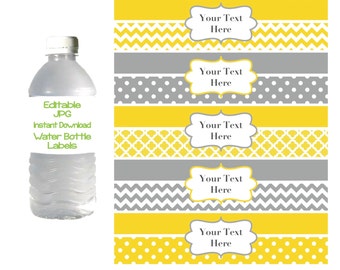 Water Bottle Labels Printable Editable Bottle Labels Yellow Grey Party Favors INSTANT DOWNLOAD DIY Digital Baby Shower Birthday Party 001