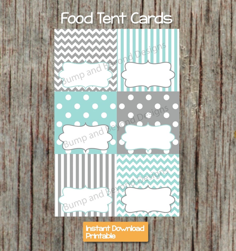 Party Supplies Food Tent Cards Light Teal Grey Printable Diy Etsy