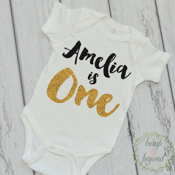 First Birthday Outfit Girl First Birthday Shirt PERSONALIZED One Year Old Shirt Gold Glitter Shirt Golden Birthday 091