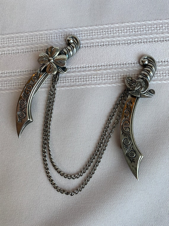 Sterling Silver Scimitar Swords Sweater Guard Pin