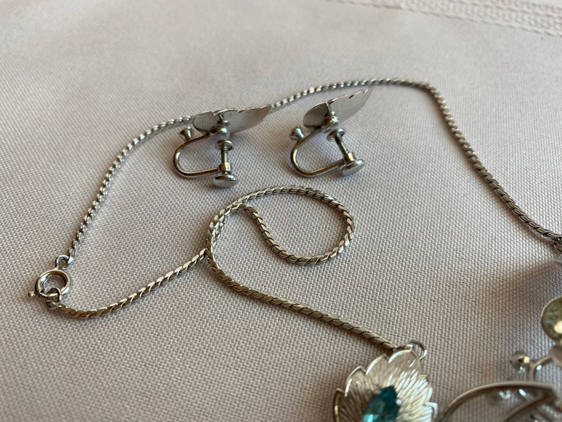 Van Dell Sterling Rhinestone and Blue Stone Necklace and Screw Back Earrings Set