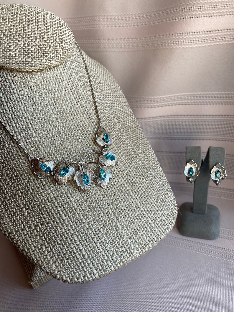Van Dell Sterling Rhinestone and Blue Stone Necklace and Screw Back Earrings Set