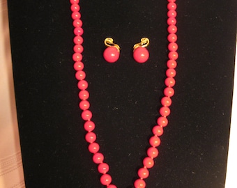 Monet Red Glass beaded necklace and earrings set Vintage