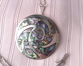 Mexican Sterling Abalone Inlay Vintage Necklace Brooch