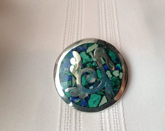 Vintage Mexican Sterling Silver Turquoise Inlay Brooch or Pendant