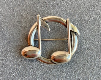 Sterling Silver Musical Note Circle Brooch