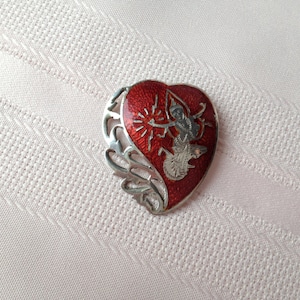 Vintage Siam Red Enamel Silver Brooch 1930s Thai Goddess Mekkala