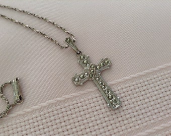 Sterling Silver Marcasite Theda Cross pendant with Chain Vintage Necklace