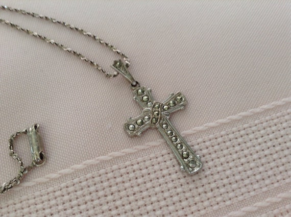 Sterling Silver Marcasite Theda Cross pendant wit… - image 1