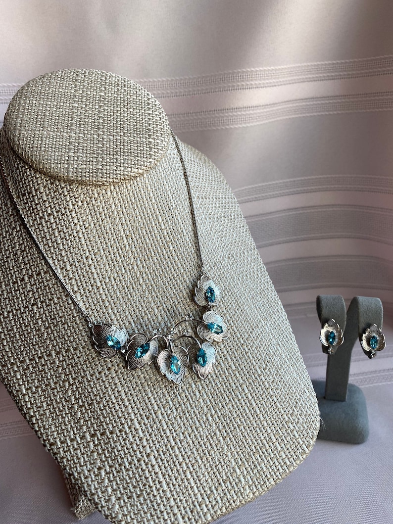 Van Dell Sterling Rhinestone and Blue Stone Necklace and Screw Back Earrings Set