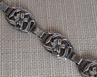 Sterling Flower Link Vintage Bracelet Art Nouveau