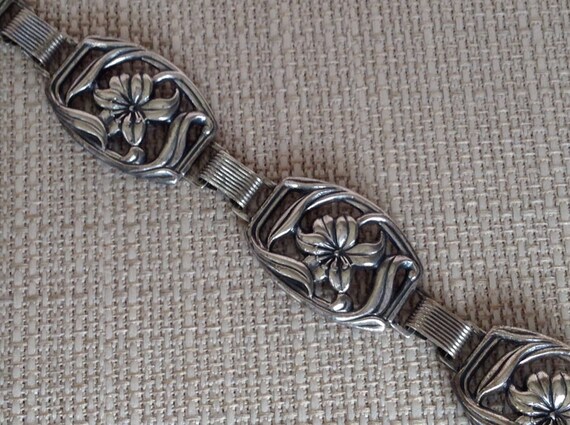 Sterling Flower Link Vintage Bracelet Art Nouveau - image 1