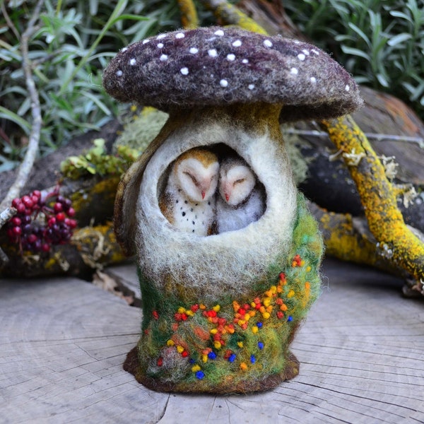 Needle Felted Barn Owls Sleeping in Mushroom - by Harthicune