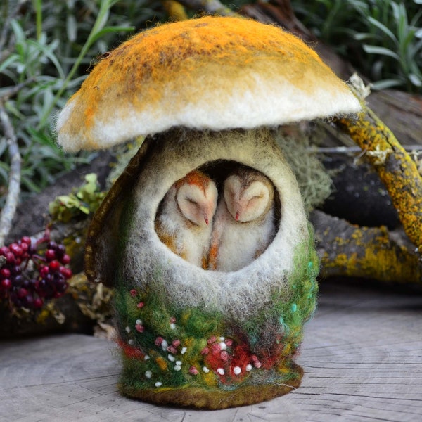 Needle Felted Barn Owls Sleeping in Mushroom - by Harthicune