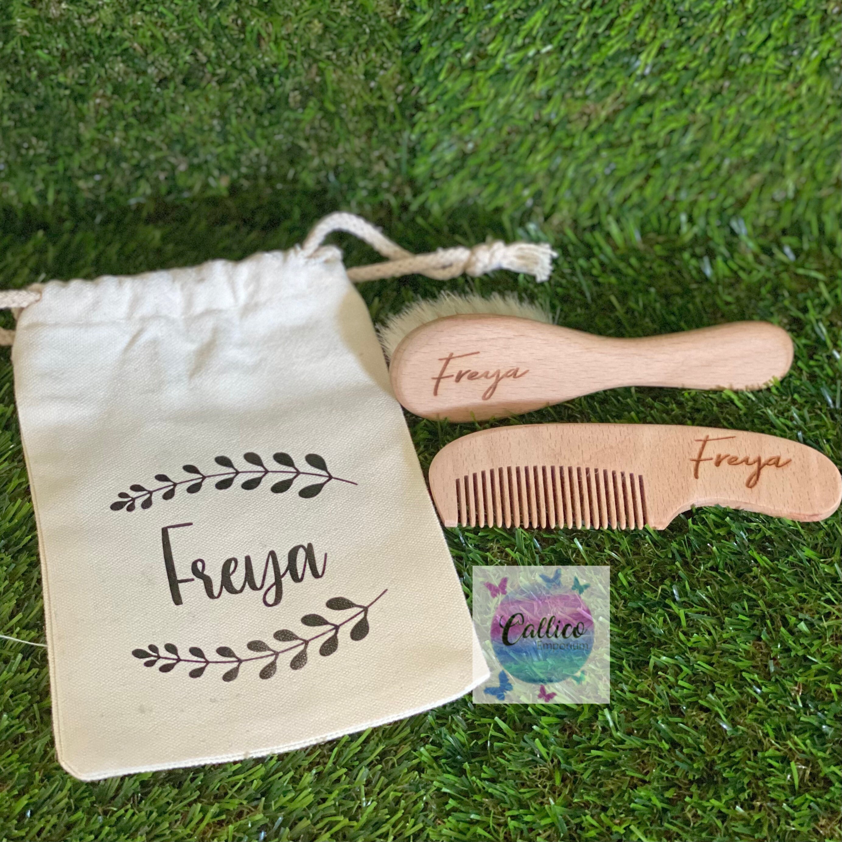Baby Brush & Comb wooden engraved keepsake gift set with bag Etsy