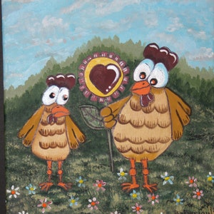 Original painting of two chicken friends. Chicken Painting. Original Art. Funny Chickens. Chicken Lovers and collectors. Folk Art, Gift©