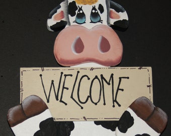 Adorable Welcome Cow. Cow Lover, Cow collector, Wall Art, Farmhouse, Cow Art, Home Décor. Whimsical. Charming, Delightful