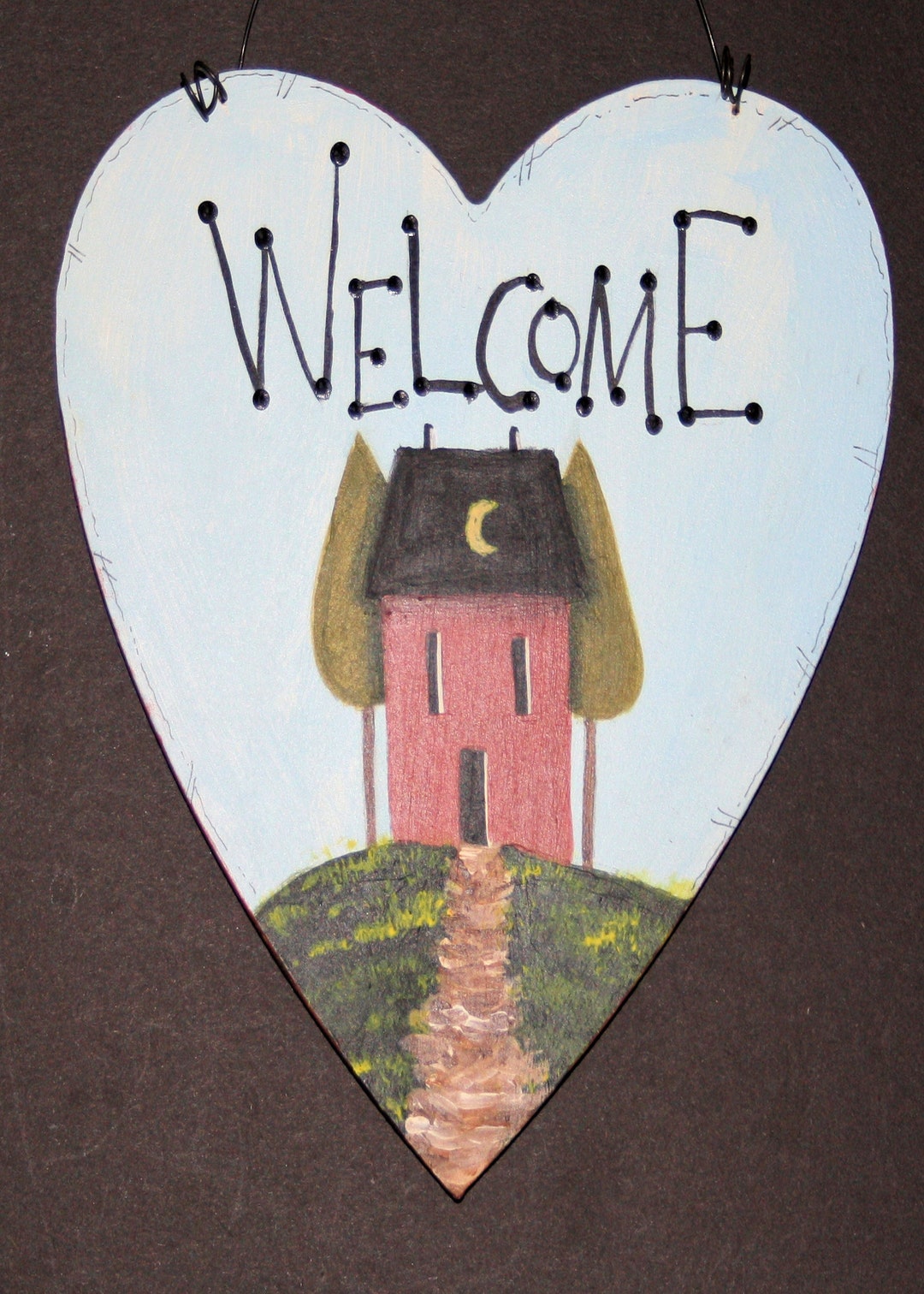 Beautiful Heart Shaped Welcome Sign With Saltbox House/trees. Primitive ...
