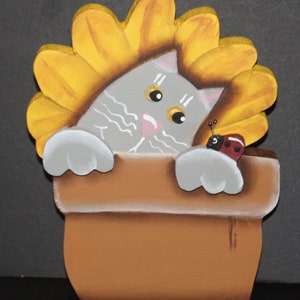 Super Cute Original Cat shelf sitter with a ladybug. 3D Cat. Cat Lover, Cat Gift, Flowerpot. Welcome Sign.