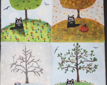 Whimsical, Original Painting! Black Cat in the four seasons. Adorable painting. Summer, Fall, Autumn, Spring. This is NOT A PRINT! Charming