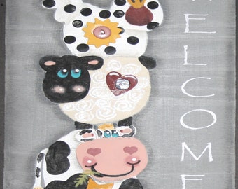 Welcome sign with stacked farm animals. There is a cow, sheep and a chicken. Farmhouse/Rustic/Folk Art/gift/country