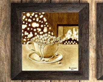 Coffee Lover "Cocoa Mallow"  #1 - Painted With Coffee! Hot Chocolate, Housewarming, Christmas Decor, Coffee painting Series, Giclee prints