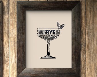 Letterpress "Manhattan" Print - Hand-carved Linoleum Cocktail Recipe Design by BirdsFlyOver