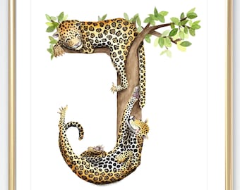 Letter J watercolor Jaguar // Neutral Nursery Decor Painting // Classroom ABC Wall Art Laugh-a-bit Alphabet