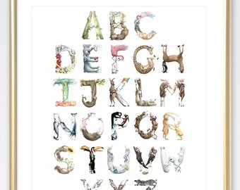 Alphabet Poster Animals Print // baby room // Watercolor ABC //Wall Art - Animal Letters Classroom & Nursery Decor - Laugh-A-Bit Alphabet